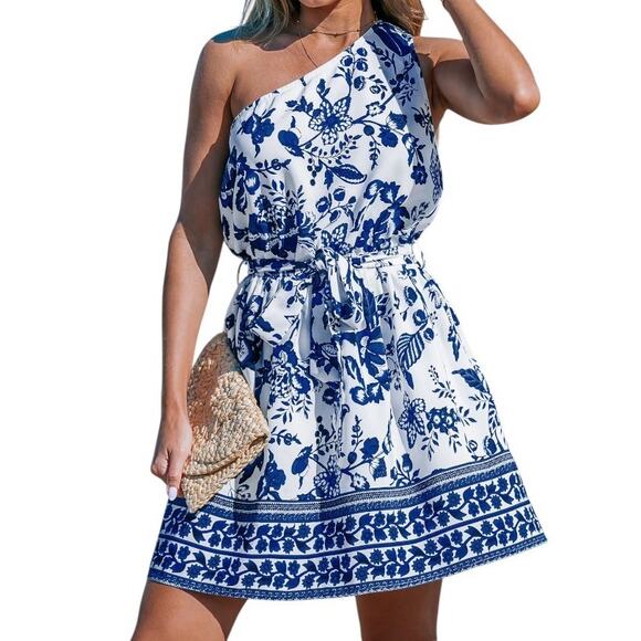 Cupshe Dresses & Skirts - Cupshe Blue & White Floral One-Shoulder Mini Dress Size XL